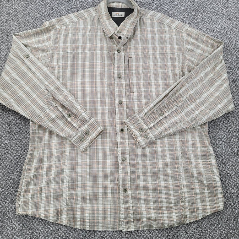 Bob Timberlake Mens XL Plaid Fishing Shirt Long Sleeve Ventilated Green Tan